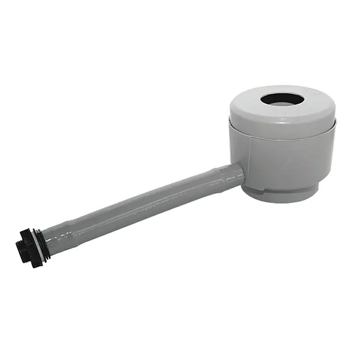 Garantia Füllautomat - 13 x 11,5 cm, Grau - Hier sehen wir einen grauen Waschbecken-Siphon mit einem schwarzen Anschlussstück, isoliert auf einem weißen Hintergrund.