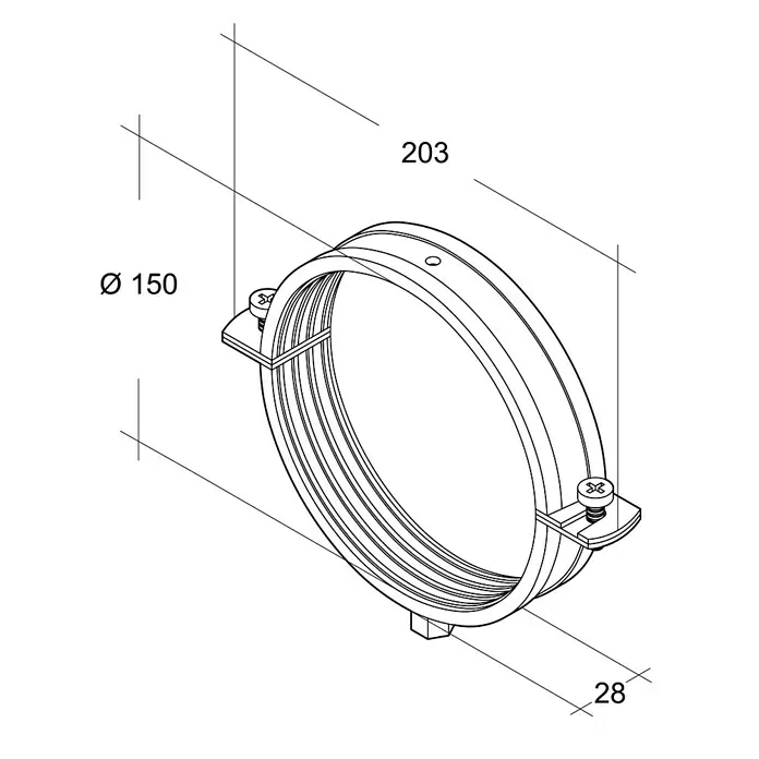 Air-Circle Schallschutz-Schelle - Durchmesser: 150 mm - Produktansicht eines Rohrrahmens mit den Maßen Ø 150, 203 und 28, detailliert dargestellt in einer technischen Zeichnung mit Schraubendetails.