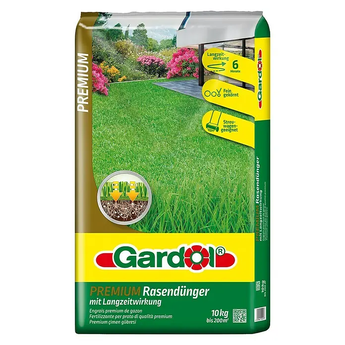 Gardol Rasendünger Premium - 10 kg, Max. Anwendungsfläche: 200 m² - Bild einer Packung Gardol Premium Rasendünger mit Langzeitwirkung.