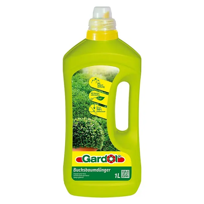 Gardol Buchsbaumdünger - 1 l - Produktbild einer 1L-Flasche Gardol Buchsbaumdünger, ein Dünger zur Pflege von Buchsbäumen, mit Hinweisen zu Sofortwirkung und Spurennährstoffen.