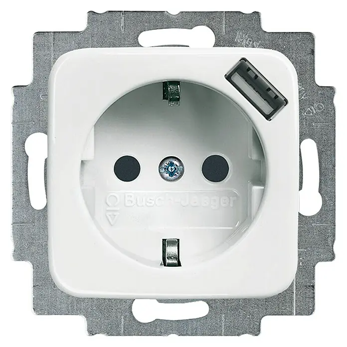 Busch-Jaeger Reflex SI USB-Steckdose 20 EUCBUSB-214 - Alpinweiß, Kunststoff, Unterputzmontage - Nahaufnahme einer weißen Busch-Jaeger Steckdose mit integriertem USB-Anschluss und Metalleinfassung zur Wandmontage.