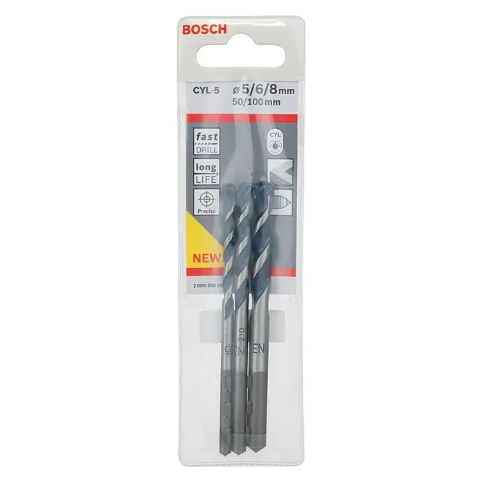 Bosch Beton- & Steinbohrer CYL-5 - 3 -tlg., Durchmesser Bohrer: 8 mm - Ein Set von drei Bosch CYL-5 Holzbohrern in den Größen 5/6/8mm, ideal für präzise und schnelle Bohrlöcher in Holz mit langer Lebensdauer.