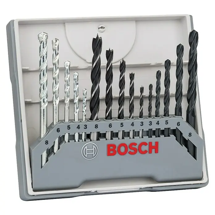 Bosch Bohrer-Set - 15 -tlg. - Ein Set von Bosch Bohrern in verschiedenen Größen, ordentlich in einer grauen Box mit Größenangaben angeordnet.