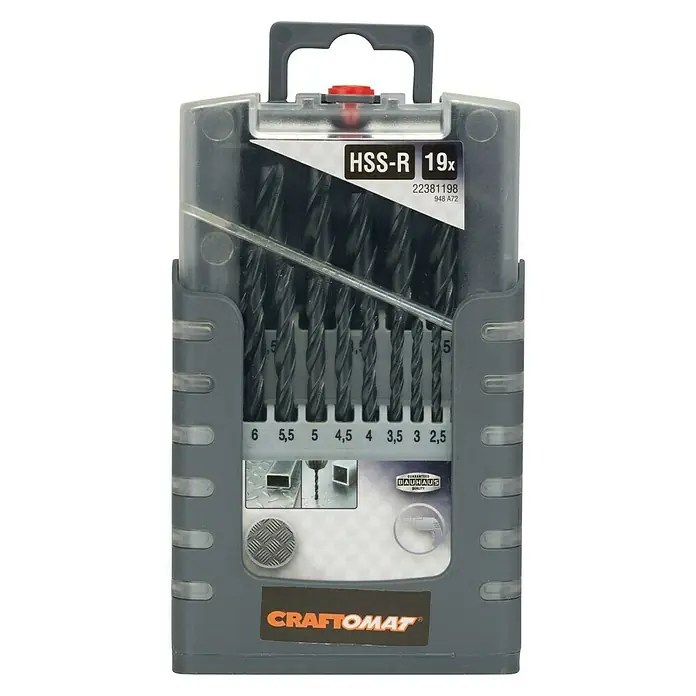 Craftomat Bohrer-Set Gripbox - Durchmesser Bohrer: 10 mm - Ein 19-teiliges HSS-R-Bohrerset von Craftomat, ideal für Metallarbeiten und Heimwerkerprojekte, präsentiert in einer praktischen Aufbewahrungsbox.