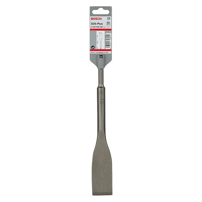 Bosch SDS-Plus-Fliesenmeißel Long Life - Länge: 260 mm, SDS Plus - Ein Bosch SDS-Plus Meißel, verpackt und bereit für den Einsatz, präsentiert sich in voller Länge. Das Werkzeug für präzise Abbrucharbeiten.