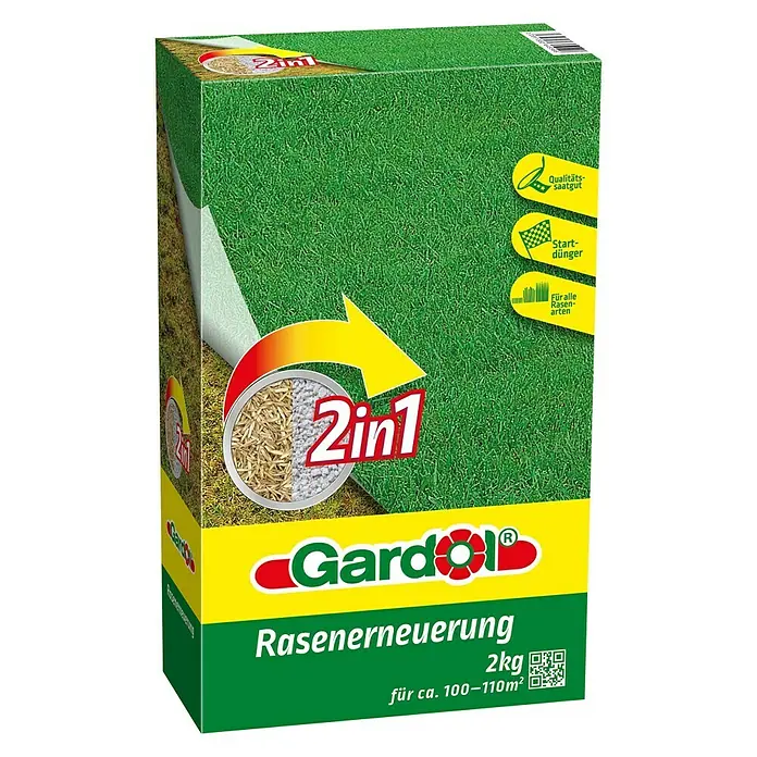 Gardol Rasen-Reparatur - 2 kg, 100 m² - 110 m² - Eine Packung Gardol Rasenerneuerung 2in1, ideal für die Rasenreparatur. Enthält Rasensamen und Dünger für ein optimales Wachstum.