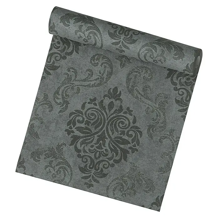A.S. Création Vliestapete Memory 2 - Schwarz, Ornament, 10,05 x 0,53 m - Eine Rolle graue Tapete mit einem eleganten, dunkleren floralen Muster, ideal für stilvolle Wanddekoration.