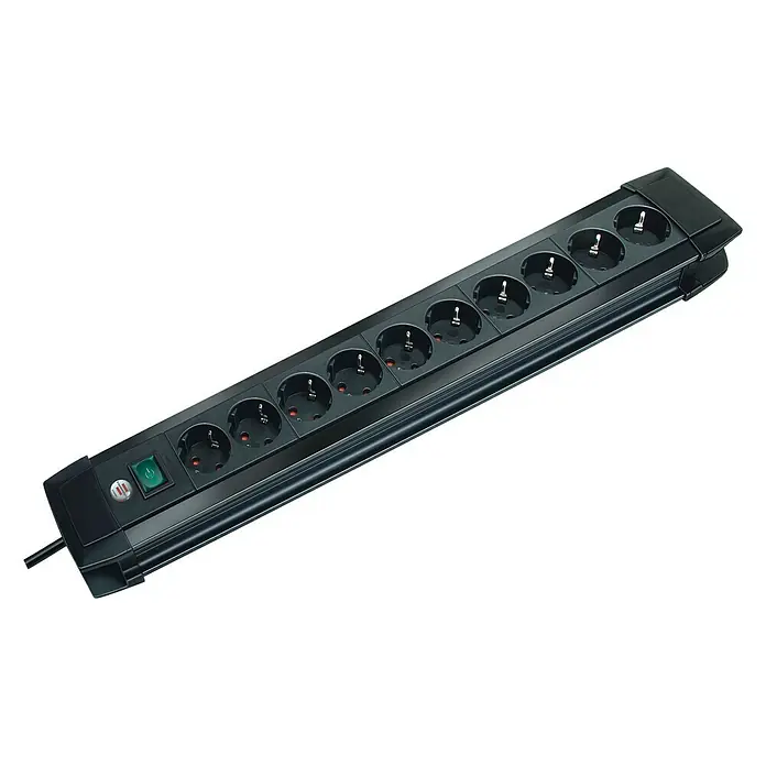 Brennenstuhl Steckdosenleiste Premium Line Plus - 10-fach, Schwarz, Kabellänge: 3 m, Mit Schalter - Eine schwarze Steckdosenleiste mit mehreren Steckplätzen und einem Schalter für den sicheren Betrieb elektronischer Geräte.