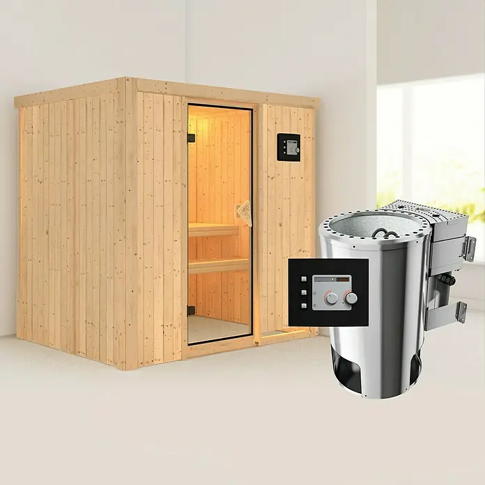 Karibu Elementsauna Fanja - Mit 3,6 kW Bio-Ofen mit externer Steuerung, Ohne Dachkranz, L x B x H: 196 x 151 x 192 cm - Abbildung einer Sauna mit Holzverkleidung und einem Ofen mit Bedienfeld. Perfekt für entspannende Momente.