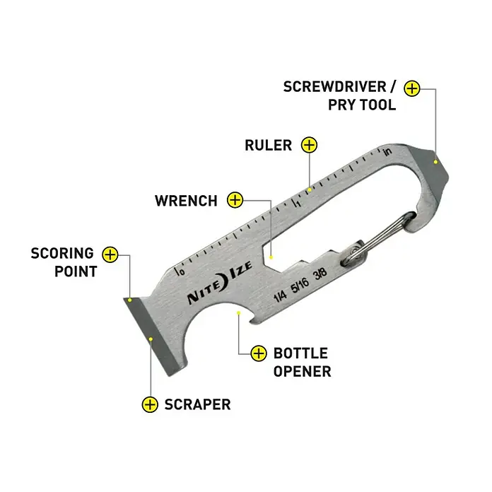 Nite Ize Herramienta multiuso DoohicKey - 6,5 x 1,7 cm, Acero inoxidable, Plateado - La imagen muestra una herramienta Nite Ize con destornillador/palanca, regla, llave inglesa, abrebotellas, rascador y punta de marcado.