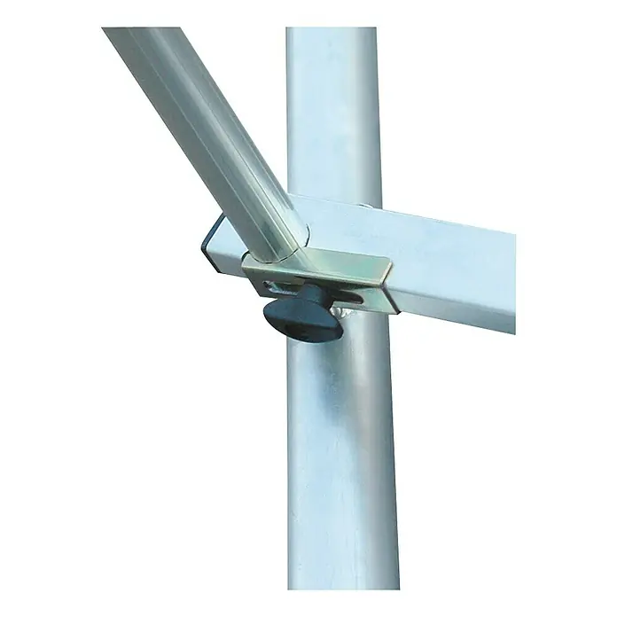 Krause ClimTec Andamio móvil - Altura de trabajo: 3 m - Primer plano de un poste metálico plateado con un botón de fijación negro, ideal para acampar o equipos de exterior.