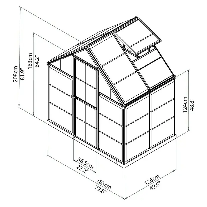 Palram – Canopia Invernadero Harmony - Medidas ext. (An x Pr): 185 x 126 cm, Plateado, Área: 2,3 m² - Dibujo en perspectiva de un invernadero con dimensiones, destacando su estructura y tamaño.