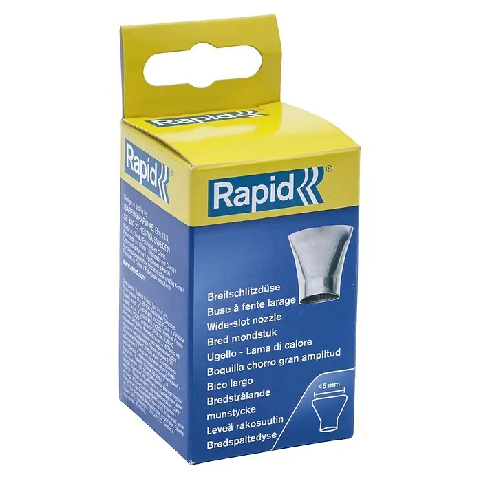 Rapid Breitschlitzdüse - Breite: 45 mm, Passend für: Heißluftgebläse mit Düse Ø 35,5 mm - Nahaufnahme der Verpackung einer Rapid Breitdüse, ideal für breite Klebeflächen, mit diversen Sprachen.