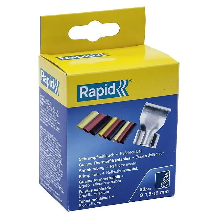 Rapid Reflektordüsen-Set - 84 -tlg., Passend für: Heißluftgebläse mit Düse Ø 35,5 mm - Eine Packung Rapid Schrumpfschläuche und Reflektordüsen, 83 Stück mit einem Durchmesser von 1,5-12 mm, zur vielfältigen Anwendung.