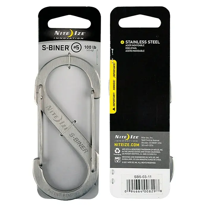 Nite Ize Doppelkarabiner - 111 x 49 mm, Edelstahl, Silber, Belastbarkeit: 45 kg - Nite Ize S-Biner #5 Karabiner aus Edelstahl, mit einer Belastbarkeit bis zu 45 kg, ideal zum Organisieren und Befestigen von Gegenständen.