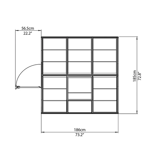 Palram – Canopia Invernadero Harmony - Medidas ext. (An x Pr): 185 x 186 cm, Plateado, Área: 3,5 m² - Una vista desde arriba de un vestidor, que muestra dimensiones de 186 cm de ancho y 185 cm de alto, incluidos los detalles de la puerta.