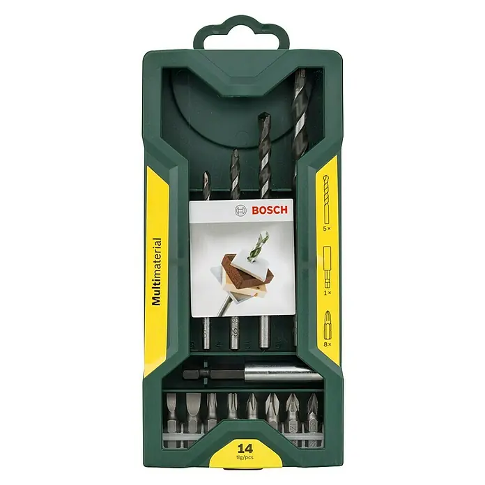 Bosch X - Line Mini Bohrer-Set - 14 -tlg. - Ein grünes Bosch Multimaterial-Bohrerset mit verschiedenen Bohrern und Bits für vielseitige Anwendungen.