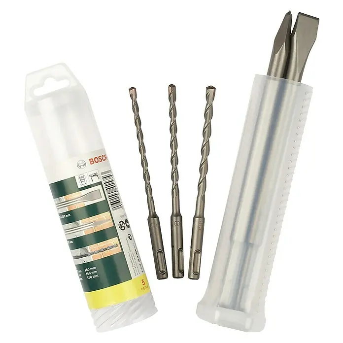 Bosch Bohr- & Meißel-Set 160/200 mm - 5 -tlg., SDS Plus - Ein Set aus Bosch-Bohrern und Meißeln in ihren jeweiligen Kunststoffverpackungen.