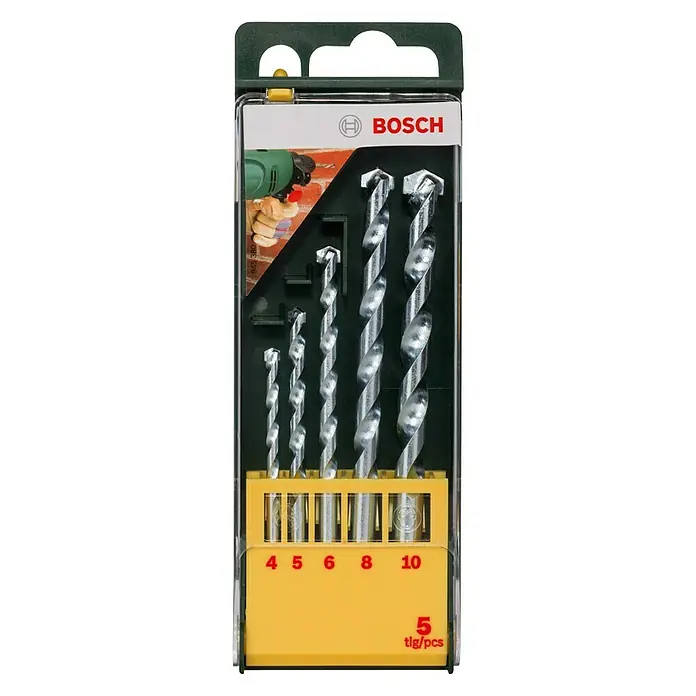 Bosch Beton- & Steinbohrer - Durchmesser Bohrer: 10 mm, 5 -tlg. - Bild einer Bosch-Bohrerset-Packung mit Betonbohrern der Größen 4, 5, 6, 8 und 10 mm, ideal für Heimwerkerarbeiten.