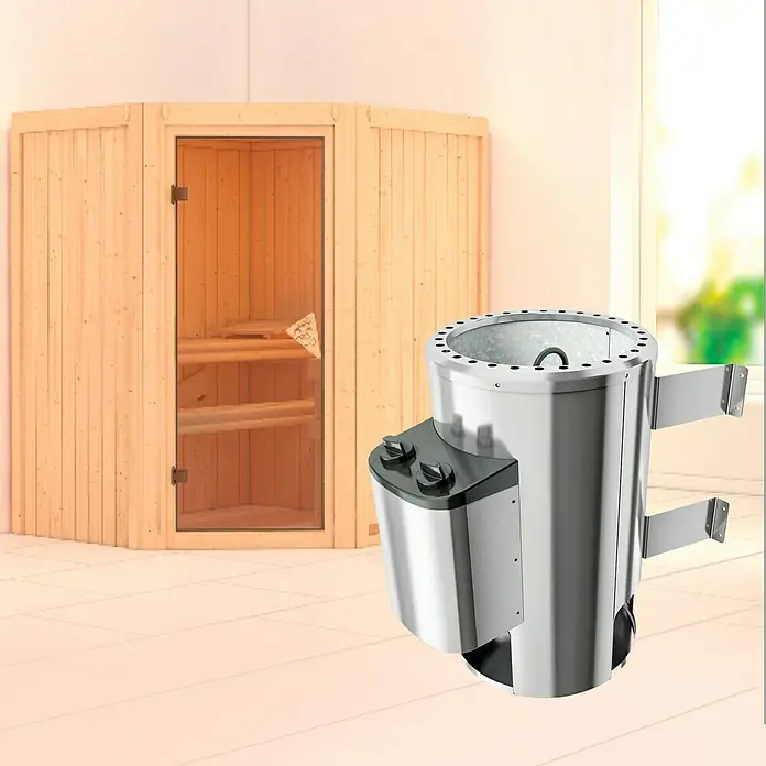Karibu Elementsauna Tonja - Mit 3,6 kW Ofen mit integrierter Steuerung, Ohne Dachkranz, L x B x H: 170 x 151 x 192 cm - Nahaufnahme eines Saunaofens aus Edelstahl mit zwei Knöpfen und einem hölzernen Saunaraum im Hintergrund.
