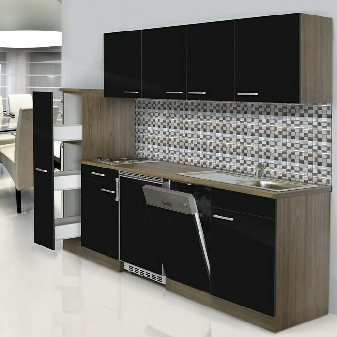 Respekta Composición de cocina (Ancho: 225 cm, Con placa vitrocerámica, Negro)