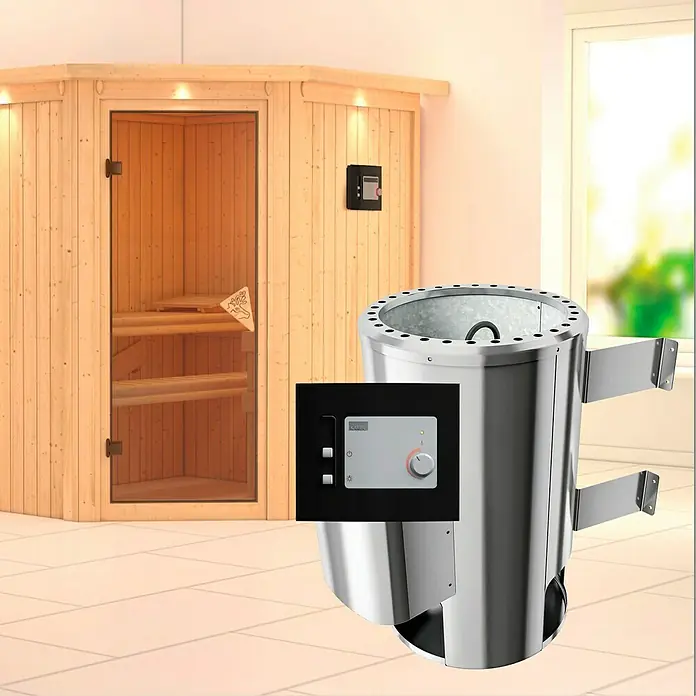 Karibu Elementsauna Tonja - Mit 3,6 kW Ofen mit externer Steuerung, Mit Dachkranz und Beleuchtung, L x B x H: 184 x 165 x 192 cm - Saunaofen mit Steuerung im eleganten Design. Ideal für private Saunen, sorgt er für wohlige Wärme und Entspannung.