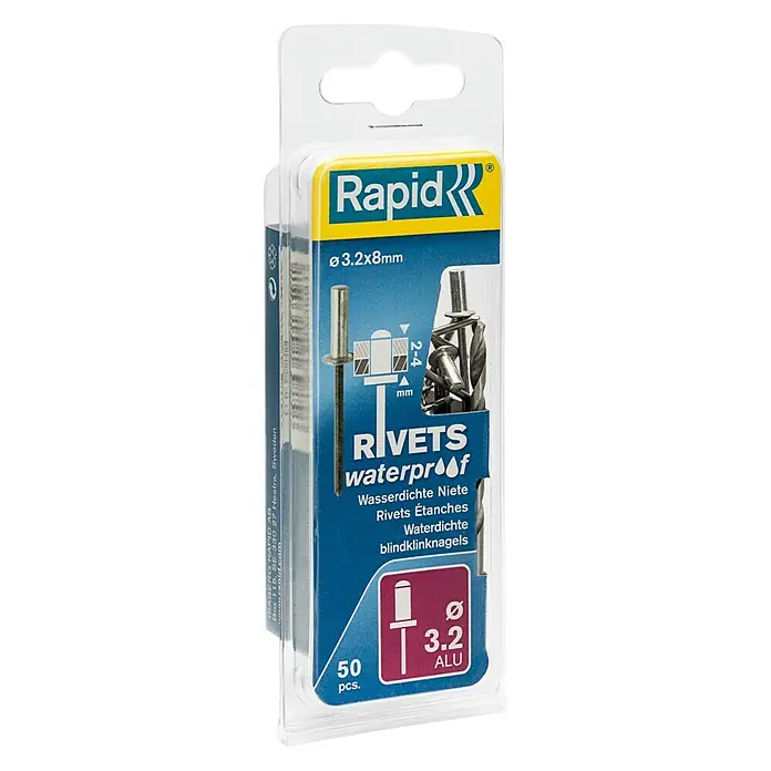 Rapid Blindniete - Nietlänge: 8 mm, Nietdurchmesser: 3,2 mm, 50 Stk. - Eine Packung Rapid wasserdichte Niete, Größe Ø 3.2x8 mm, mit 50 Stück Aluminiumnieten für dauerhafte Verbindungen.