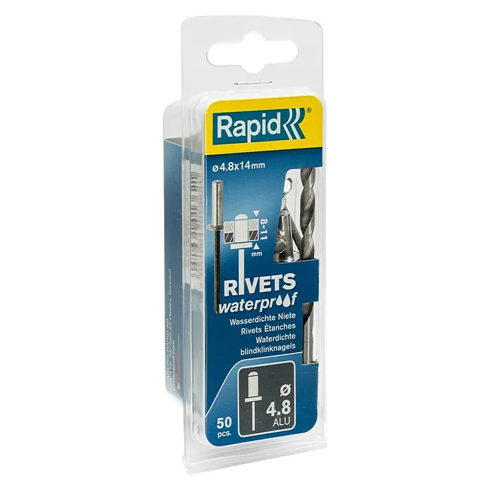 Rapid Blindniete - Nietlänge: 14 mm, Nietdurchmesser: 4,8 mm, 50 Stk. - Verpackung Rapid Blindnieten Ø4.8x14mm, wasserdicht, 50 Stück, aus Aluminium für zuverlässige Verbindungen in verschiedenen Anwendungen.