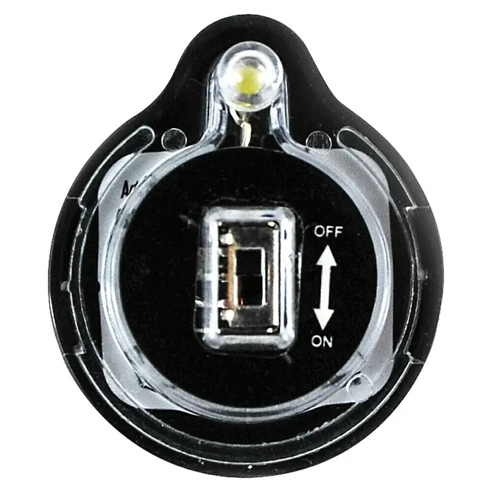 BAUHAUS LED-Schrankleuchte Beetle - Transparent, Durchmesser: 32 mm, 2 Stk. - Nahaufnahme eines runden LED-Sicherheitslichts mit Ein/Aus-Schalter und klarer Abdeckung.