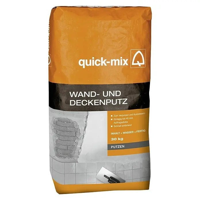 Quick-Mix Wand- & Deckenputz - 30 kg - Bild eines 30kg Sackes Quick-Mix Wand- und Deckenputz. Das Produkt ist zum Verputzen und Ausbessern von Wänden und Decken geeignet.