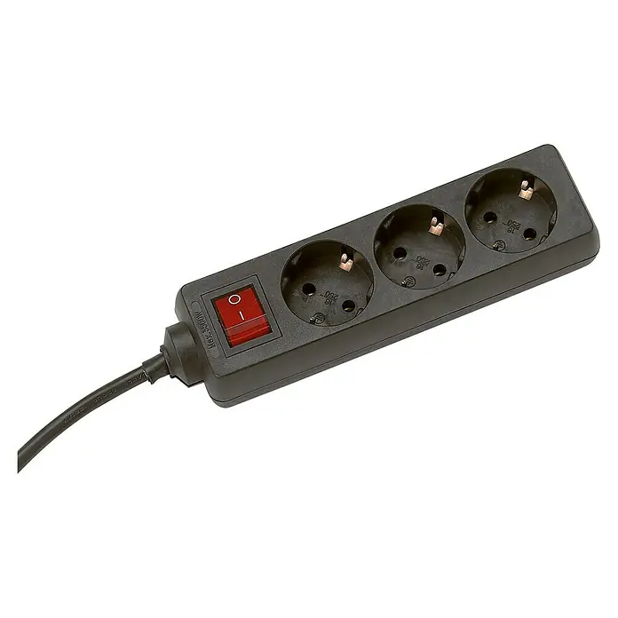 Steckdosenleiste - 3-fach, Schwarz, Kabellänge: 1,4 m, Mit Schalter - Steckdosenleiste mit drei Steckplätzen und einem roten Schalter zur Stromversorgung elektronischer Geräte.