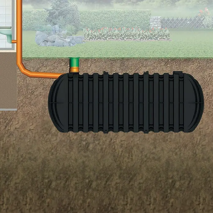 Garantia Zisterne Stabilus - Gesamt Fassungsvermögen: 3.000 l, Schwarz - Abbildung eines unterirdischen Abwassertanks mit Anschlussrohren in einer Gartenumgebung. Der Tank ist schwarz und länglich.