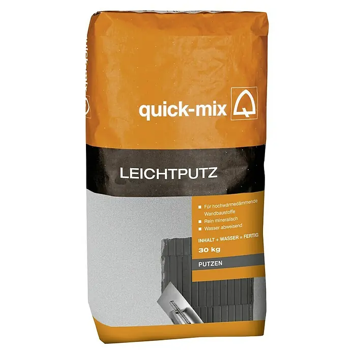 Quick-Mix Leichtputz - 30 kg - Bild einer Packung Quick-Mix Leichtputz mit dem Hinweis auf hohe Wärmedämmung, mineralische Basis und Wasserabweisung.