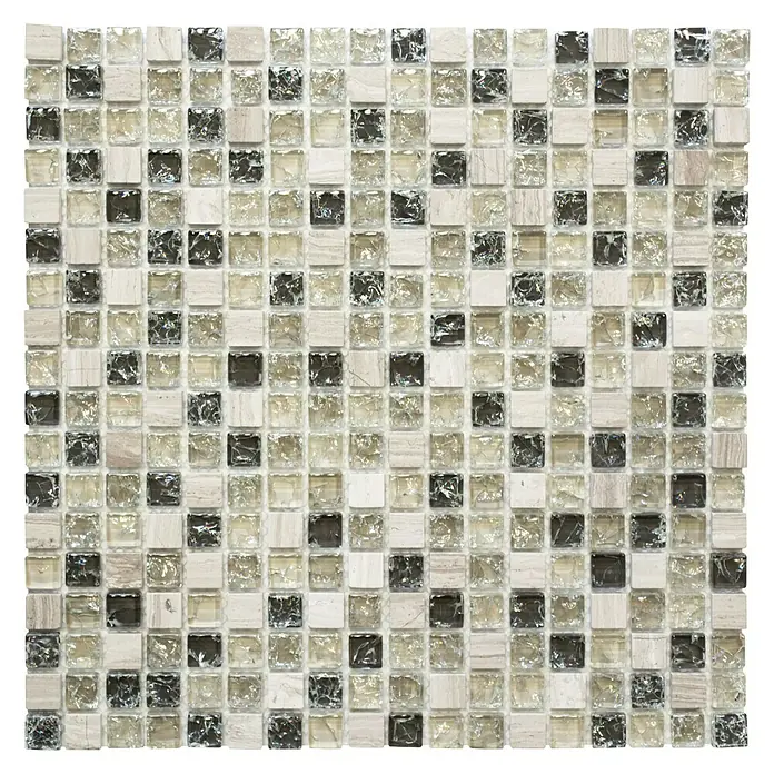 Mosaikfliese Quadrat Crystal Mix XIC 1052 - 30,5 x 30,5 cm, Grau, Glänzend - Nahaufnahme eines Mosaiks mit quadratischen Fliesen in verschiedenen Beige-, Braun- und Schwarztönen, ideal für Wand- und Bodendesign.