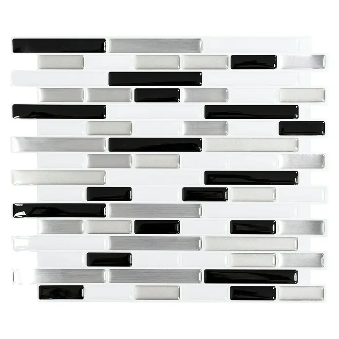 Selbstklebemosaik SVM 24034 - 23,6 x 25,5 cm, Grau/Silber/Schwarz, Glänzend - Bild einer dekorativen Wandfliese mit einem stilvollen Muster aus schwarzen, weißen und silberfarbenen Rechtecken für moderne Innenräume.