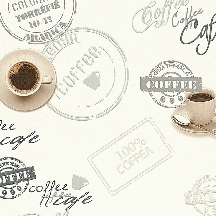 A.S. Création Vliestapete Coffee - Beige/Braun/Creme, Grafisch, 10,05 x 0,53 m - Abbildung eines Kaffeetassen-Designs mit verschiedenen Kaffeestempeln und -schriften auf einem hellen Hintergrund.