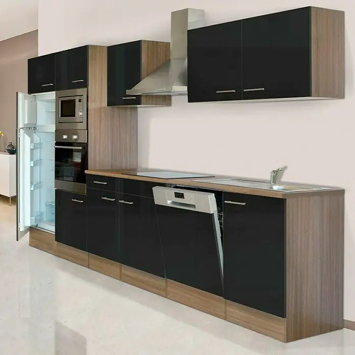 Respekta Küchenzeile Oliver - Breite: 340 cm, Schwarz, Mit Elektrogeräten - Moderne Küche in Schwarz und Holzoptik mit Edelstahlgeräten, inklusive Kühlschrank, Geschirrspüler und Dunstabzugshaube.