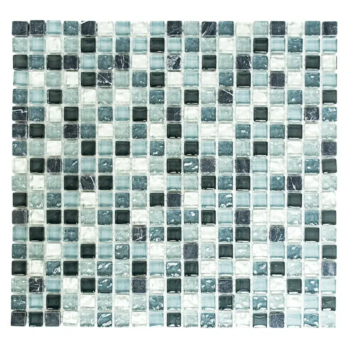 Mosaikfliese Quadrat Crystal Mix XCM M890 - 30,5 x 32,2 cm, Grau/Silber, Glänzend - Nahaufnahme eines Mosaiks aus kleinen, quadratischen Fliesen in Blau-, Grau- und Weißtönen, ideal für stilvolle Wand- und Bodengestaltung.