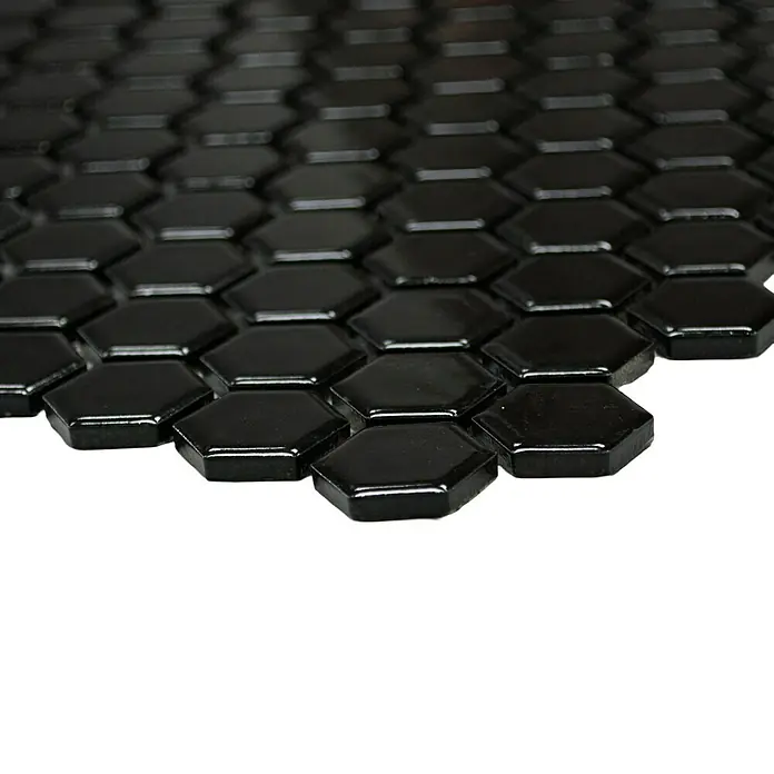 Mosaikfliese Hexagon Uni HX 060 - 26 x 30 cm, Schwarz, Glänzend - Hochglänzende schwarze sechseckige Mosaikfliesen.