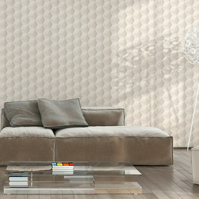 A.S. Création Vliestapete Life 3 - Beige, Grafisch, 10,05 x 0,53 m - Moderne Inneneinrichtung mit einem modularen Sofa in Beige und einem Couchtisch aus Glas. Das Sofa lädt zum Entspannen ein.
