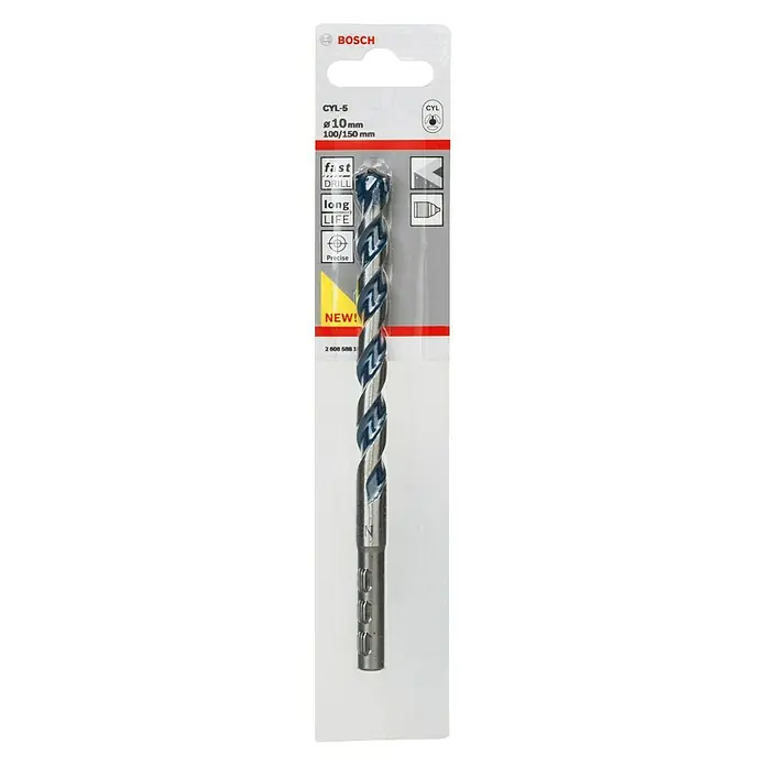 Bosch Beton- & Steinbohrer CYL-5 - Durchmesser Bohrer: 10 mm, Arbeitslänge: 100 mm - Das Bild zeigt einen Bosch CYL-5 Holzbohrer mit einem Durchmesser von 10 mm und einer Länge von 100/150 mm in seiner Verpackung.
