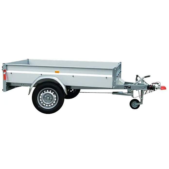 Stema Anhänger BASIC 1000 Kompakt - Nutzlast: 830 kg, Einachser, Kasteninnenmaß: 201 x 108 x 33 cm, Gebremst - Hier ist ein PKW-Anhänger in Silber zu sehen. Der Anhänger hat zwei Räder und eine Ladefläche mit Bordwänden.