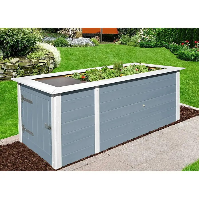 Weka Hochbeet - 205 x 79 x 81 cm, Holz, Grau/Weiß - Grauer Pflanzkasten mit weißem Rand auf einem mit Mulch bedeckten Boden, der einen dekorativen Touch verleiht und eine erhöhte Anbaufläche bietet.