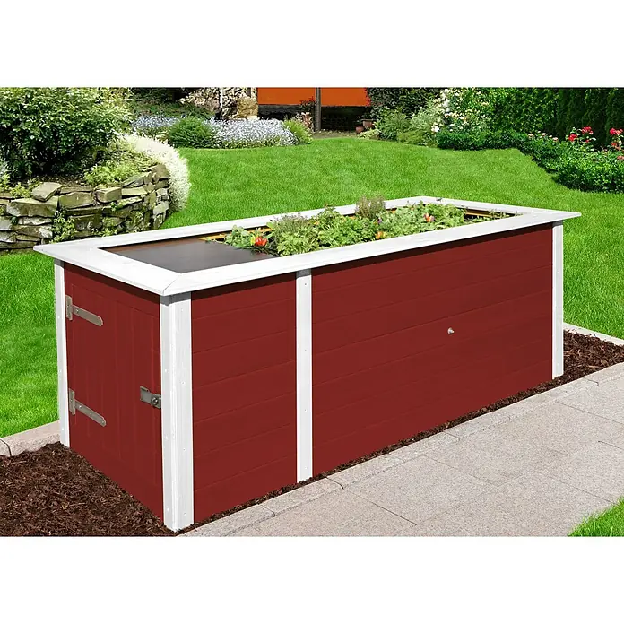 Weka Hochbeet - 205 x 79 x 81 cm, Holz, Schwedenrot/Weiß - Ein roter Pflanzkasten mit weißem Rand, gefüllt mit Pflanzen, steht im Garten auf einem Weg. Der Pflanzkasten ist aus Holz gefertigt.