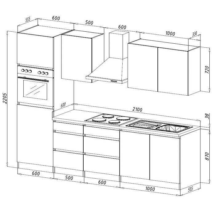 Respekta Premium Keukenblok (Breedte: 270 cm, Met elektrische apparatuur, Grijs hoogglans)