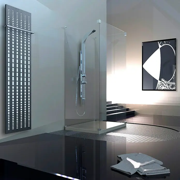 Szagato Designheizkörper Broken Mirror 3 - B x H: 470 x 1.800 mm, Wärmeleistung bei Vorlauftemperatur von 75 °C (D: 50): 1.118 W, Weiß/Moonstone-Grau, Mit 1 Handtuchhalter (15 mm) - Modernes Badezimmerdesign mit einer stilvollen Duschkabine aus Glas, einem Heizkörper mit Lichtelementen und einem abstrakten Kunstwerk.