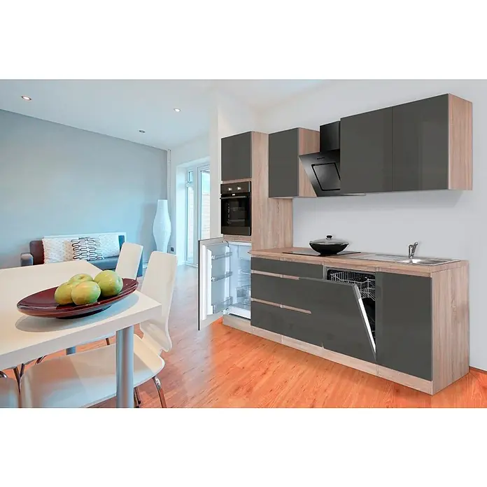 Respekta Premium Composición de cocina Lorena - Ancho: 280 cm, Gris, Brillo intenso, Decoración encimera: Efecto madera, Con electrodomésticos - Esta imagen muestra una cocina moderna con armarios grises y de madera, un refrigerador, un horno y un lavavajillas.