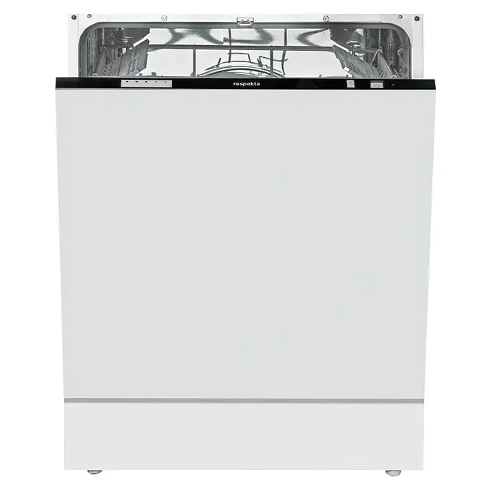 Respekta Premium Küchenzeile Lorena - Breite: 280 cm, Weiß, Hochglänzend, Dekor Arbeitsplatte: Steinoptik, Mit Elektrogeräten - Hier ist ein freistehender Geschirrspüler von Respekta in strahlendem Weiß, der Effizienz und modernes Design vereint.
