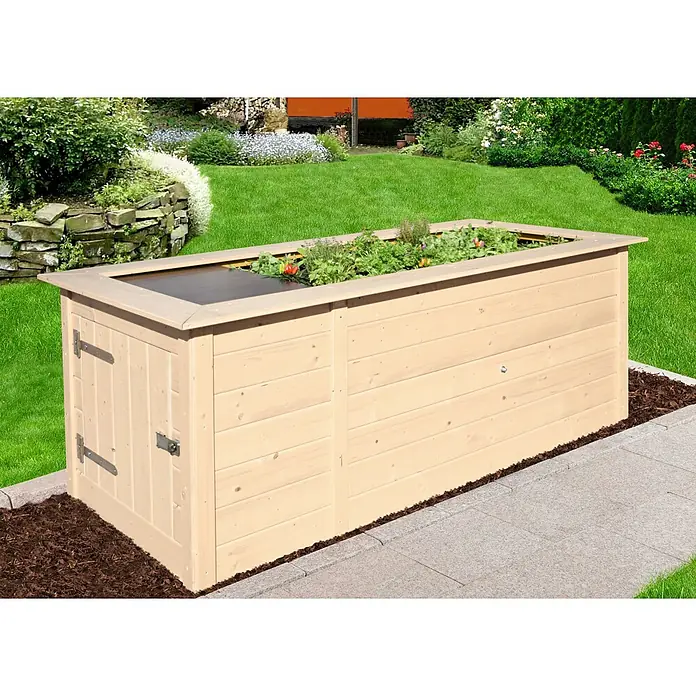 Weka Hochbeet - 205 x 79 x 81 cm, Holz, Natur - Das Bild zeigt ein geräumiges, rechteckiges Hochbeet aus hellem Holz mit integriertem Stauraum, ideal für den Garten und den Anbau von Kräutern.
