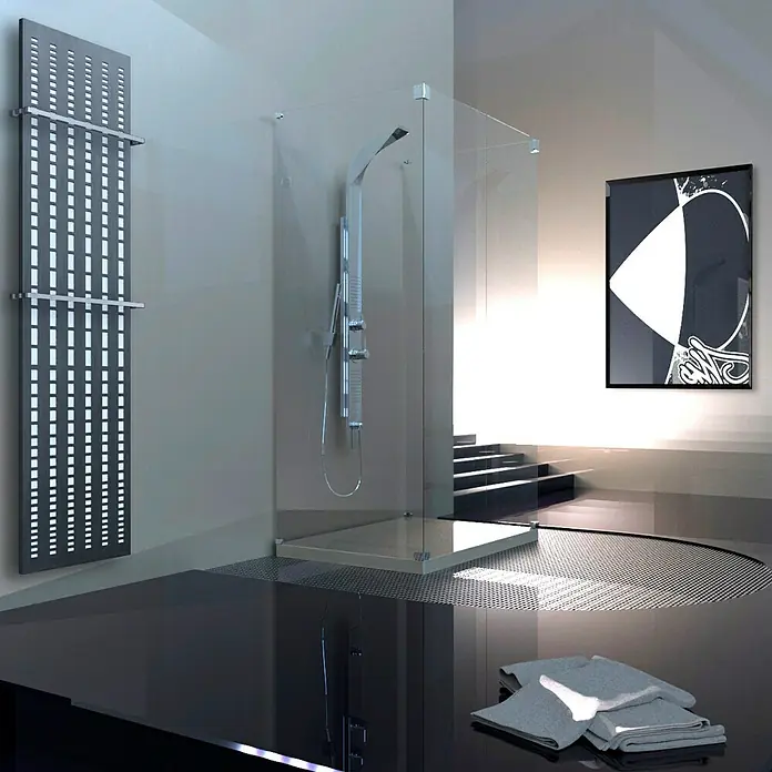 Szagato Designheizkörper Broken Mirror 3 - B x H: 470 x 1.800 mm, Wärmeleistung bei Vorlauftemperatur von 75 °C (D: 50): 1.118 W, Weiß/Moonstone-Grau, Mit 2 Handtuchhalter (15 mm) - Ein modernes Badezimmer mit einem stilvollen Handtuchwärmer, einer Dusche und einem eleganten Kunstwerk.